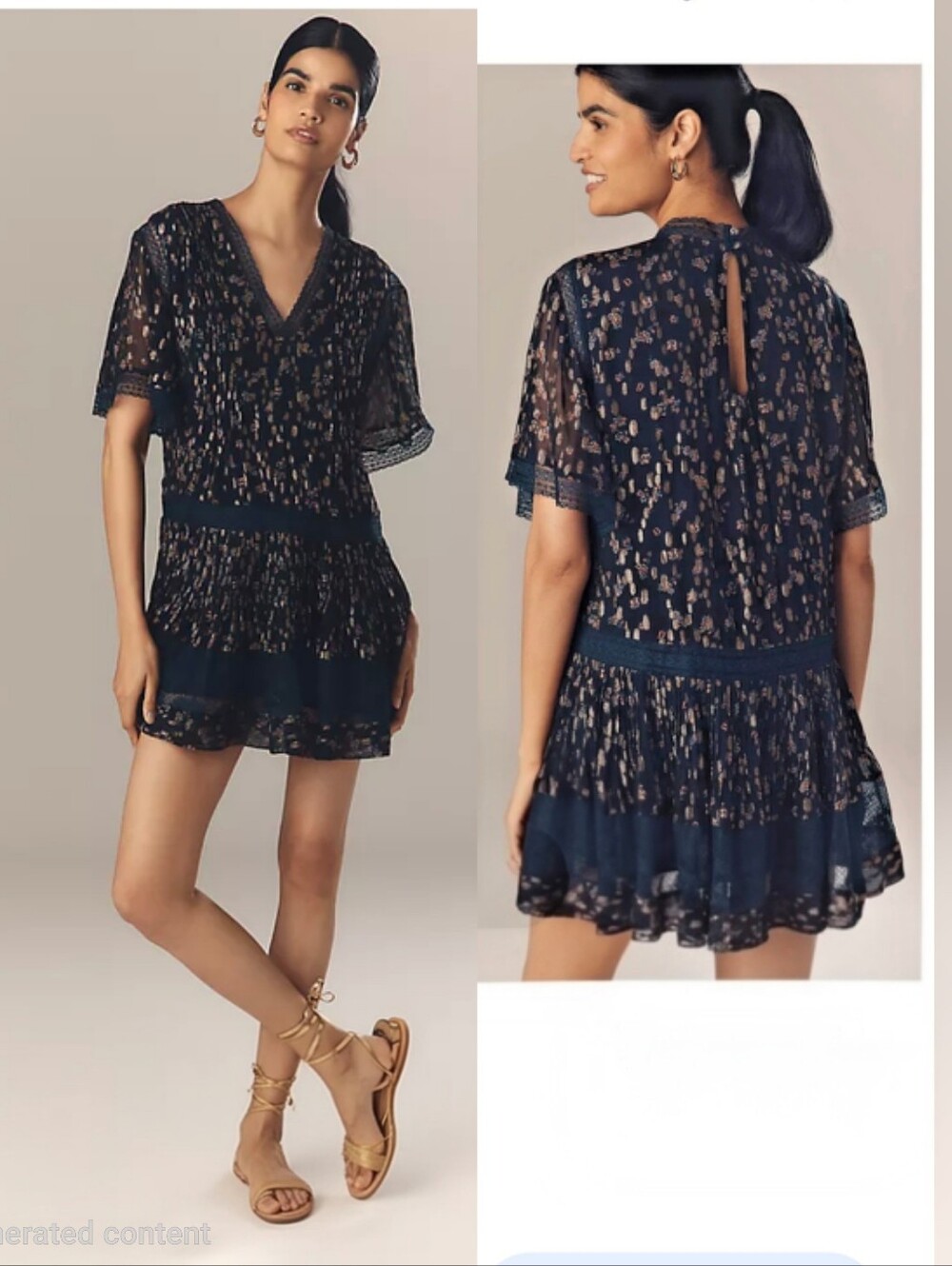Maeve Anthropologie Navy Floral Lace  V-Neck Lurex Tiered Mini Dress XSP